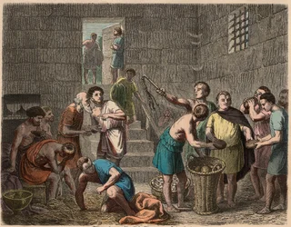 Rome antique : distribution de nourriture aux esclaves le soir, 1866