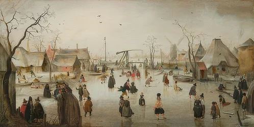 Patinage sur glace dans une ville. Vers 1610