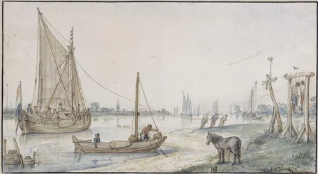 Paysage fluvial, avec voilier remorqué, au premier plan à droite une potence avec deux pendus