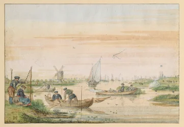 Paysage de canal avec pêcheurs et chasseurs de hiboux