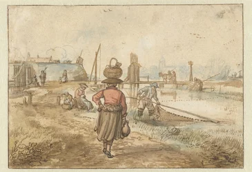 Paysage fluvial avec une femme portant un panier sur la tête, des pêcheurs et d