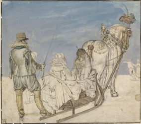 Hiver : traîneaux sur la glace avec deux dames et un gentilhomme