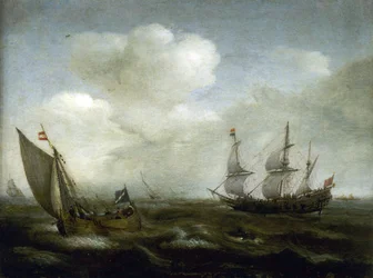 Navire néerlandais et bateau de pêche dans la brise