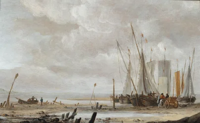 Scène de plage avec des bateaux de pêche