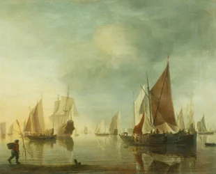 Navires au mouillage en mer calme; lumière du soir, c.1650-60