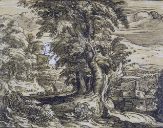 Paysage avec des arbres et un couple de bergers
