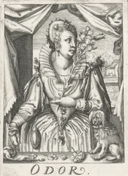 Odorat, une femme avec une branche de fleurs