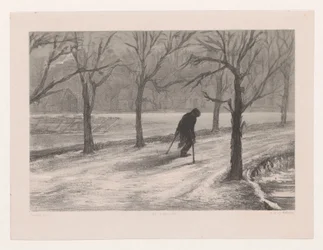 Homme avec des béquilles dans un paysage d
