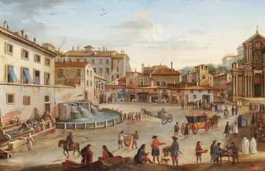 Rome, vue du Palais Barberini avec de nombreux personnages (huile sur cuivre)