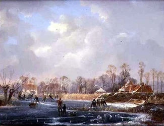 Paysage avec des figures sur une rivière gelée