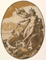 Thétis allongée dans un char géant en forme de coquille tiré par deux créatures marines, 1588-90