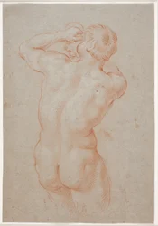 Triton soufflant dans une conque vu de dos