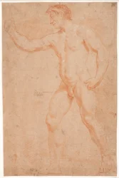 Étude de modèle masculin, debout, avec le bras levé