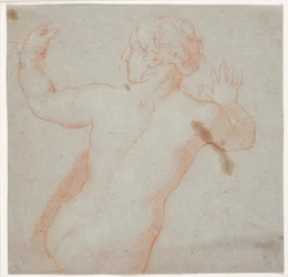 Femme nue aux bras tendus, vue de dos. (Une nymphe en fuite)