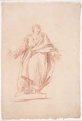 Homme debout avec les bras écartés, sur un socle. (Étude d