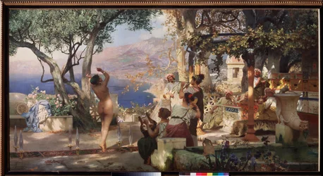 La danse du sabre. (Une femme nue danse entre des sabres posés en équilibre sur la terrasse d