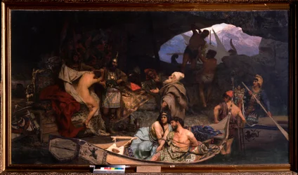 Les corsaires. (Scène où ils rapportent leur butin et leurs prisonniers (otages) dans une grotte). Peinture de Henryk Siemiradzki