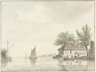 Paysage fluvial avec bateaux à voile