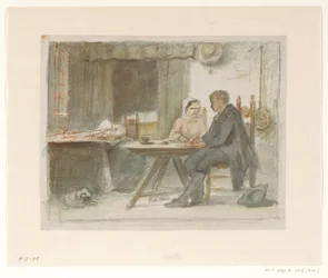 Homme écrivant et une femme à une table