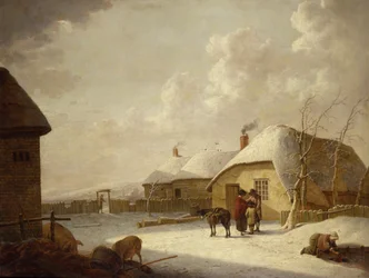 Figures Devant un Cottage dans la Neige