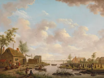 Paysage avec des pêcheurs et des paysans extrayant de la tourbe dans un marais
