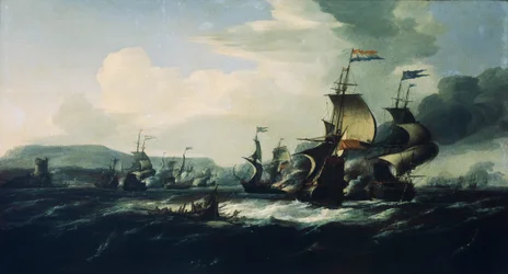 Une bataille entre les Hollandais et les pirates barbaresques près de la côte, fin XVIIe siècle