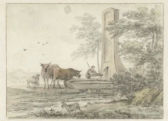 Paysage italianisant avec berger et son bétail et moutons à une fontaine