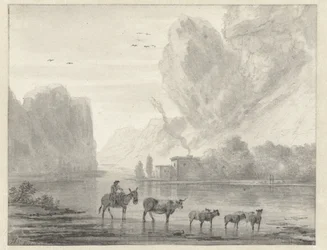 Paysage fluvial rocheux avec un berger et son bétail et ses moutons