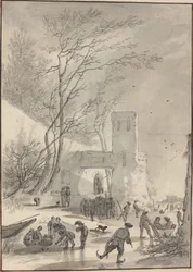 Patineurs devant un mur de la ville