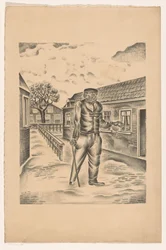 Homme avec une jambe de bois et un bâton dans une rue de village