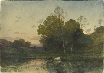 Lumière du soir sur un lac boisé avec des bovins buvant