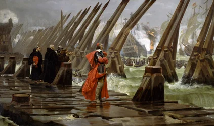 Richelieu (1585-1642) sur la digue à La Rochelle