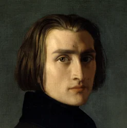 Portrait de Franz Liszt (1811-1886), compositeur et pianiste hongrois (1839). Détail du visage. Peinture de Henri Lehmann (Karl Ernest (Ernst) Rudolf Heinrich Salem dit) (1814-1882). Paris, Musée Carnavalet.