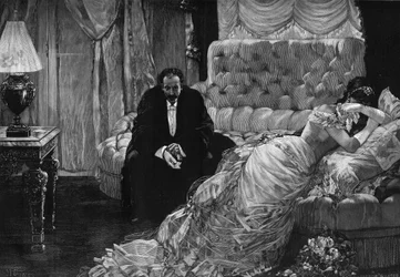 Retour du bal : une scène de jalousie entre une femme en larmes et un homme en habit enlevant nerveusement ses gants. Gravure d