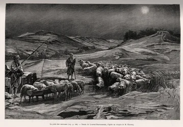 Le puits de la remorque. Gravure de Laurent Desrousseaux pour illustrer le récit À travers la Perse méridionale, par C.Babin et F.Houssay, en 1885, dans Le tour du Monde 1892, dirigé par Édouard Charton (1807-1891), Hachette, Paris.