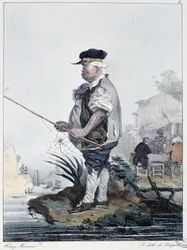 Homme pêchant: "Chacun prend son plaisir où il le trouve" - dans "Les passe-temps" par Henri Monnier, éd. Delpech, Paris