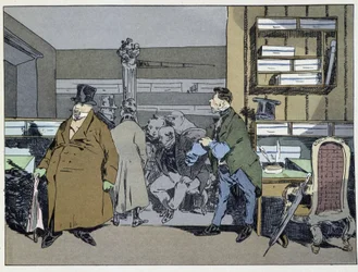 Neuf heures : arrivée des employés, changement de costumes, petit tour de poêle - dans « Mœurs administratives » par Henri Monnier