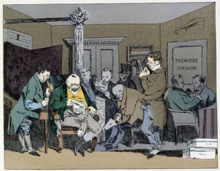 Dix heures : lecture des journaux, déjeuners, taille des plumes - dans "Mœurs administratives" par Henri Monnier