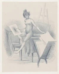 Modèle nu regardant des estampes