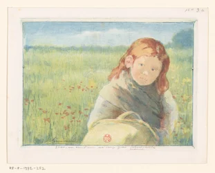 Fille avec panier dans un pré fleuri