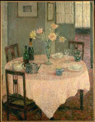 Intérieur avec nappe rose (peinture)