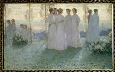 Le dimanche, femme vêtue de blanc parlant dans un jardin. Peinture de Henri Eugène Le Sidaner (1862-1939)