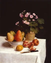 Nature morte (primevères, poires et grenades) Still life (primroses, pears and pomegranates)