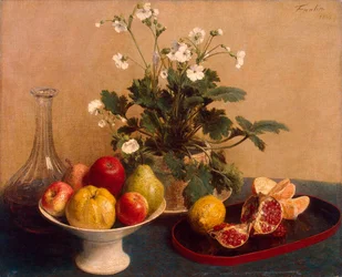Fleurs, Plat avec Fruits et Carafe