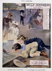 Enfants jouant aux bateaux au Jardin des Tuileries par Jean Geoffroy, calendrier «Belle Jardinière», série «Nos Jardins», octobre, n.d. vers 1900