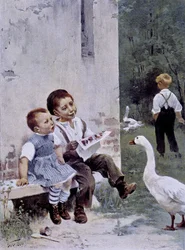 Éducation : enfants lisant et oie les regardant - ill. par Geoffroy, dans "Figaro Illustré", mai 1901