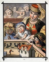 Lemuel Gulliver au pays des géants de Brobdingnag est une curiosité pour les enfants. Illustration pour « Les Voyages de Gulliver » par Jonathan Swift (1667-1745)