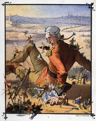 Lemuel Gulliver est ligoté par les Lilliputiens. Illustration pour « Les Voyages de Gulliver » de Jonathan Swift (1667-1745)
