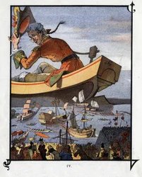 Lemuel Gulliver dit au revoir aux Lilliputiens. Illustration pour « Les Voyages de Gulliver » par Jonathan Swift (1667-1745)