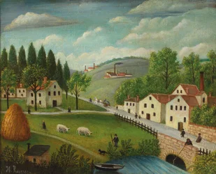 Paysage pastoral avec ruisseau, pêcheur et promeneurs